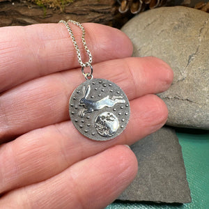 Rabbit Necklace, Nature Jewelry, Full Moon Pendant, Hare Necklace, Bunny, Animal Jewelry, New Beginnings, Inspirational Gift, Wiccan Jewelry