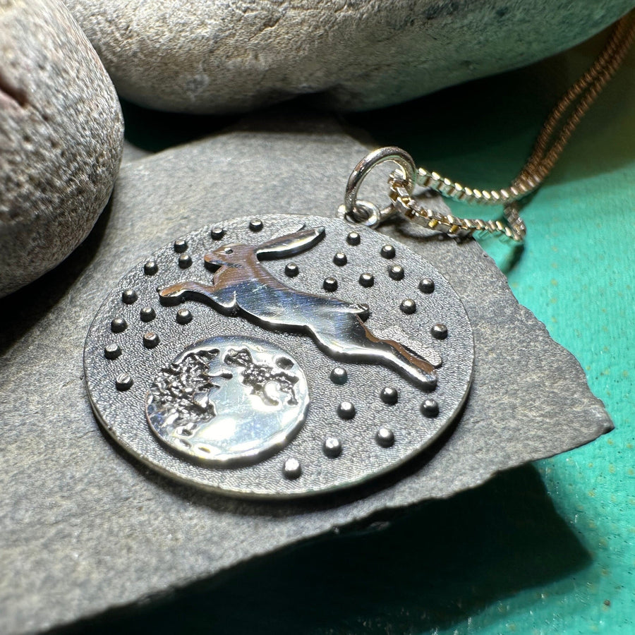 Rabbit Necklace, Nature Jewelry, Full Moon Pendant, Hare Necklace, Bunny, Animal Jewelry, New Beginnings, Inspirational Gift, Wiccan Jewelry