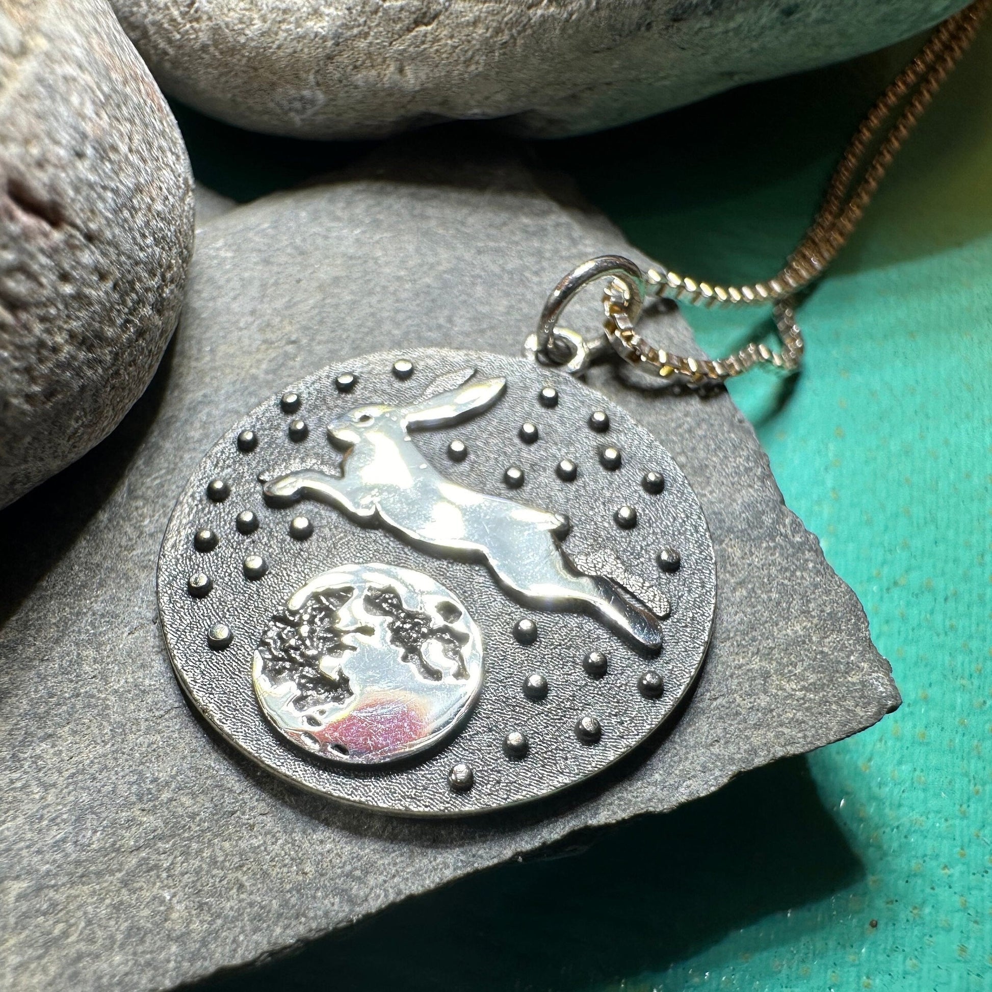 Rabbit Necklace, Nature Jewelry, Full Moon Pendant, Hare Necklace, Bunny, Animal Jewelry, New Beginnings, Inspirational Gift, Wiccan Jewelry