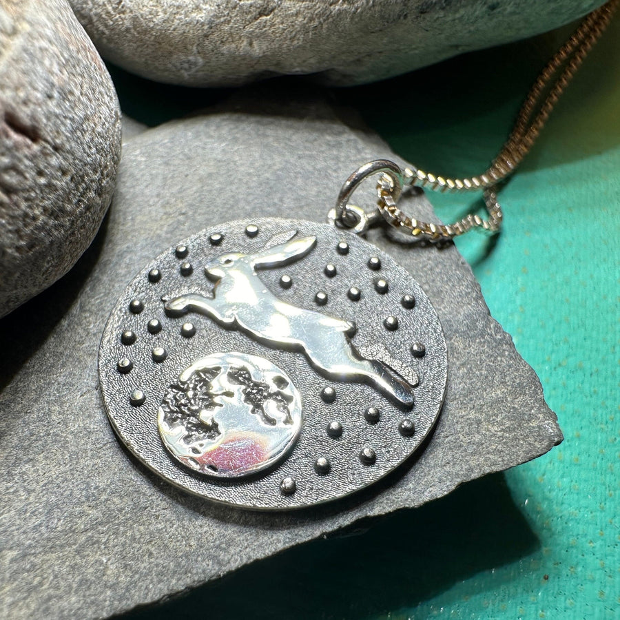 Rabbit Necklace, Nature Jewelry, Full Moon Pendant, Hare Necklace, Bunny, Animal Jewelry, New Beginnings, Inspirational Gift, Wiccan Jewelry