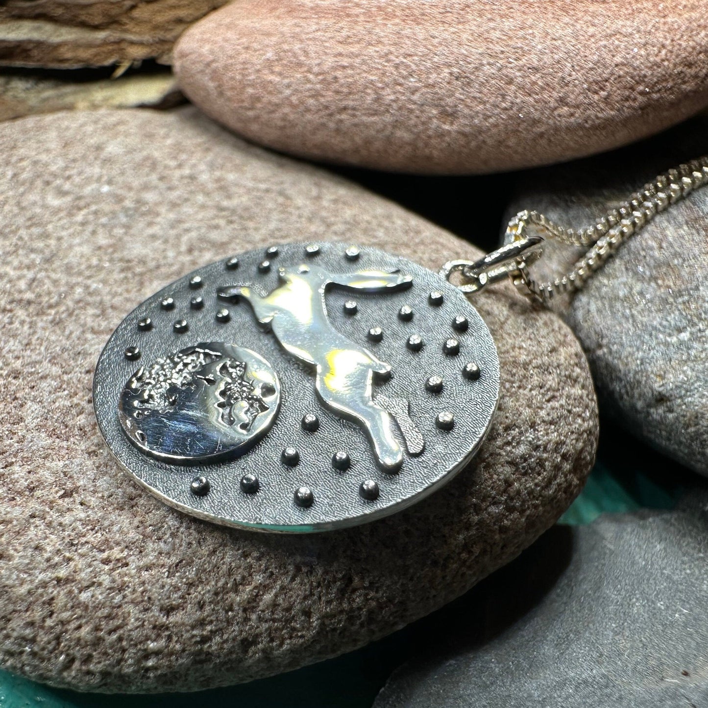 Rabbit Necklace, Nature Jewelry, Full Moon Pendant, Hare Necklace, Bunny, Animal Jewelry, New Beginnings, Inspirational Gift, Wiccan Jewelry