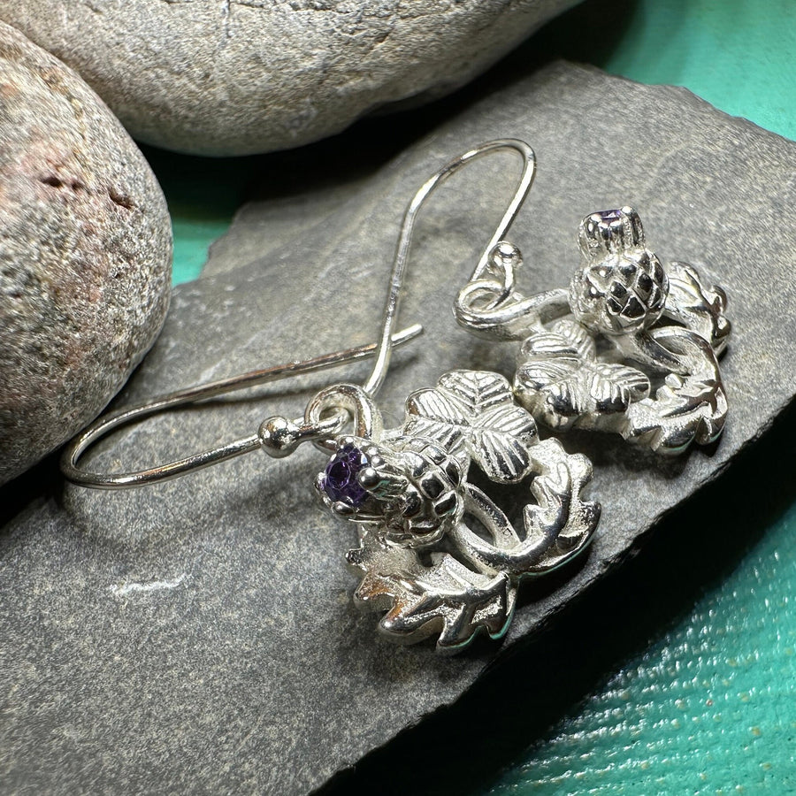 Thistle Earrings, Shamrock Jewelry, Irish Scottish Jewelry, Outlander Jewelry, Amethyst Jewelry, Ireland Mom Gift, Pagan Jewelry, Celtic