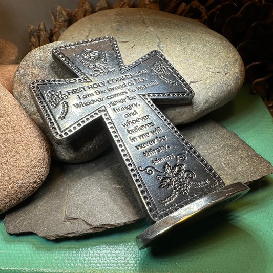 First Communion Standing Cross, Christian Gift, Pewter Celtic Cross, Communion Gift, Child's Cross Gift, Religious Prayer
