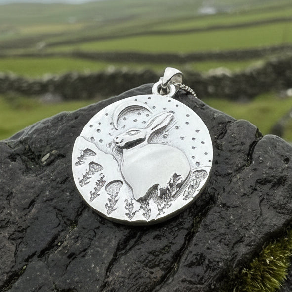 Rabbit Necklace, Nature Jewelry, Full Moon Pendant, Hare Necklace, Bunny, Animal Jewelry, New Beginnings, Inspirational Gift, Wiccan Jewelry