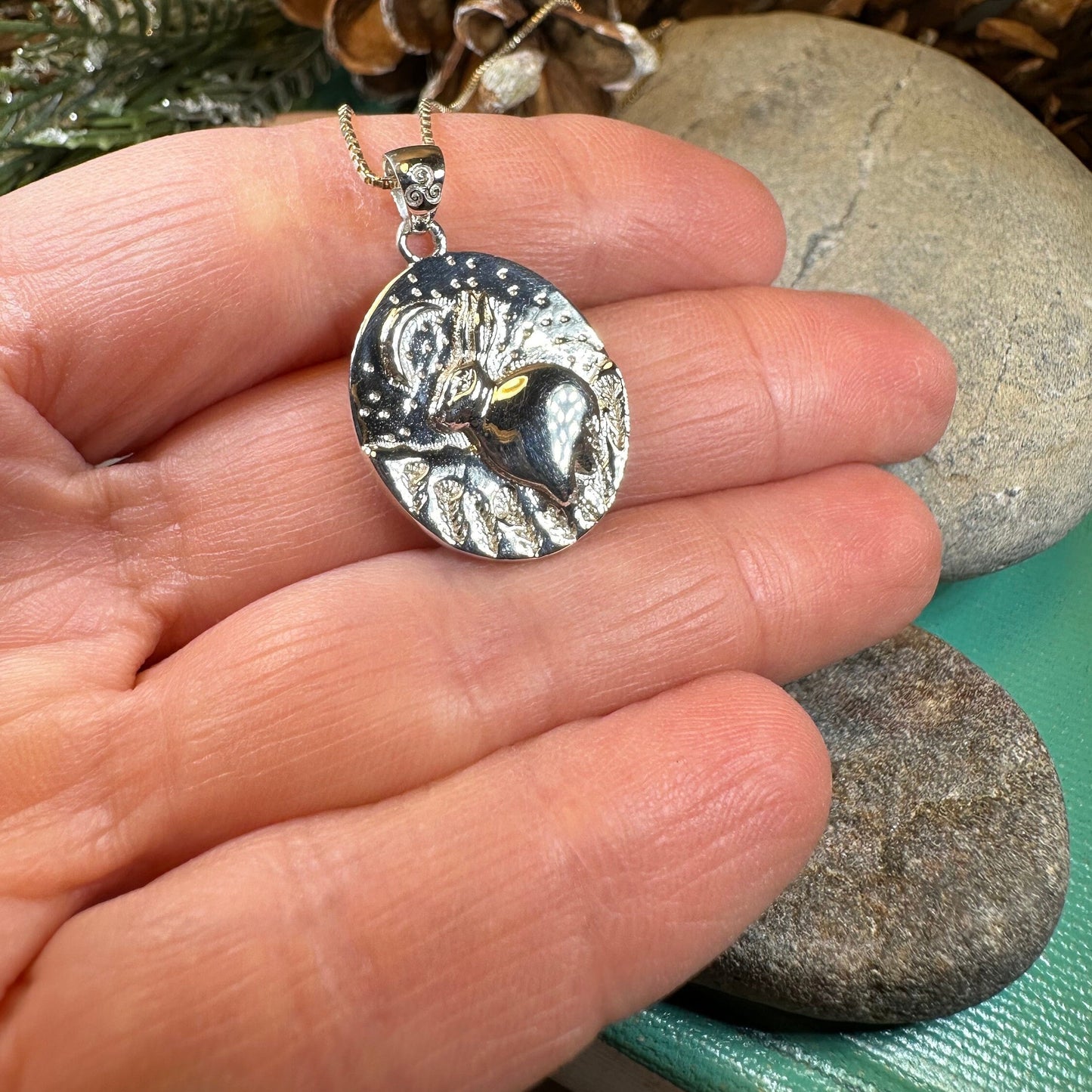 Rabbit Necklace, Nature Jewelry, Full Moon Pendant, Hare Necklace, Bunny, Animal Jewelry, New Beginnings, Inspirational Gift, Wiccan Jewelry