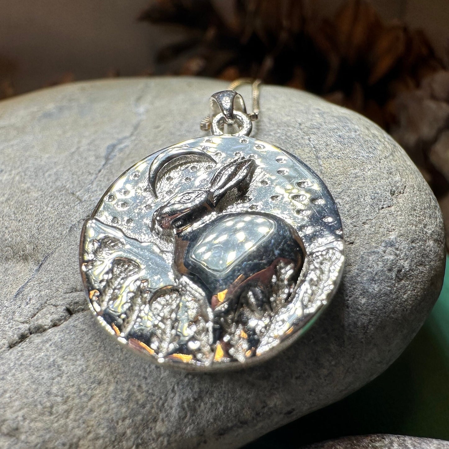 Rabbit Necklace, Nature Jewelry, Full Moon Pendant, Hare Necklace, Bunny, Animal Jewelry, New Beginnings, Inspirational Gift, Wiccan Jewelry