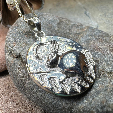Load image into Gallery viewer, Rabbit Necklace, Nature Jewelry, Full Moon Pendant, Hare Necklace, Bunny, Animal Jewelry, New Beginnings, Inspirational Gift, Wiccan Jewelry
