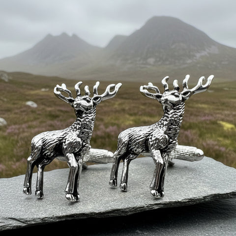 Load image into Gallery viewer, Stag Cuff Links, Scotland Jewelry, Men's Celtic Jewelry, Hunter Jewelry Gift, Groom Gift, Boyfriend Gift, Husband Gift, Hunting Cufflinks
