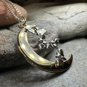 Moon Necklace, Bat Necklace, Celestial Jewelry, Mystical Jewelry, Silver Bats Jewelry, Gothic Pendant, Crescent Moon Pendant, Halloween