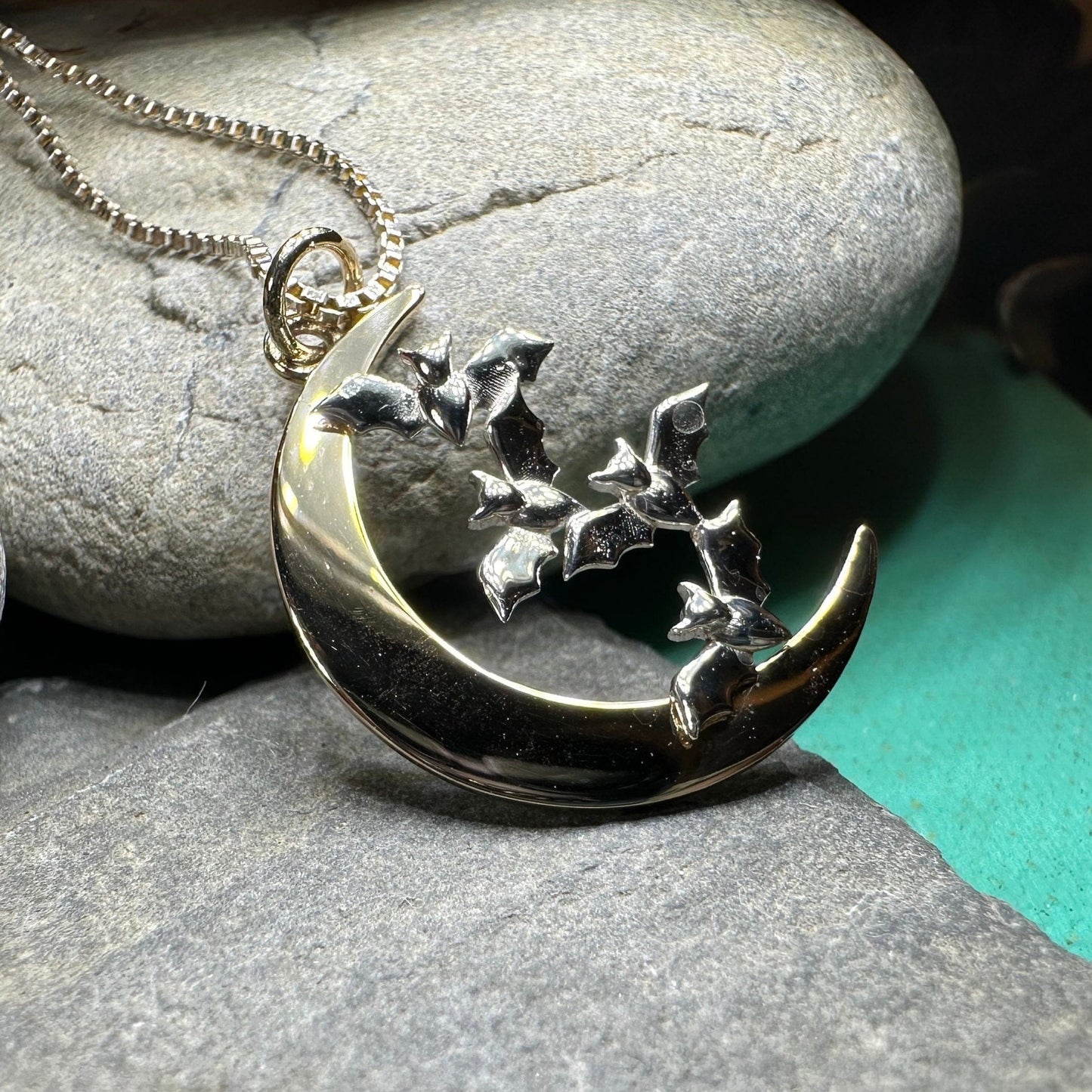 Moon Necklace, Bat Necklace, Celestial Jewelry, Mystical Jewelry, Silver Bats Jewelry, Gothic Pendant, Crescent Moon Pendant, Halloween