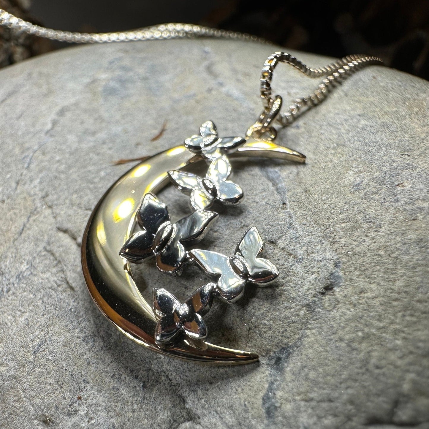 Moon Necklace, Butterflies Pendant, Celestial Jewelry, Mystical Jewelry, Silver Butterfly Jewelry, Gothic Pendant, Crescent Moon Pendant