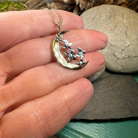 Load image into Gallery viewer, Moon Necklace, Butterflies Pendant, Celestial Jewelry, Mystical Jewelry, Silver Butterfly Jewelry, Gothic Pendant, Crescent Moon Pendant
