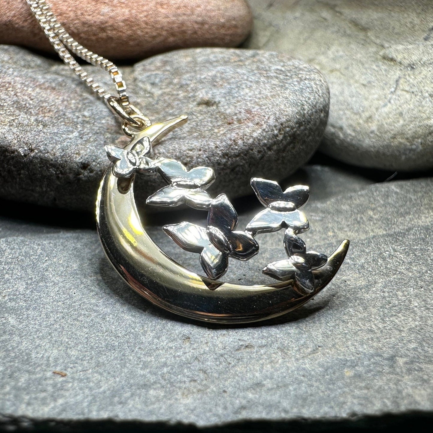 Moon Necklace, Butterflies Pendant, Celestial Jewelry, Mystical Jewelry, Silver Butterfly Jewelry, Gothic Pendant, Crescent Moon Pendant
