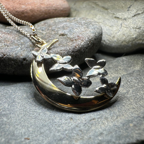 Load image into Gallery viewer, Moon Necklace, Butterflies Pendant, Celestial Jewelry, Mystical Jewelry, Silver Butterfly Jewelry, Gothic Pendant, Crescent Moon Pendant
