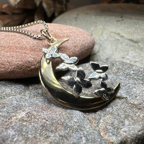 Load image into Gallery viewer, Moon Necklace, Butterflies Pendant, Celestial Jewelry, Mystical Jewelry, Silver Butterfly Jewelry, Gothic Pendant, Crescent Moon Pendant
