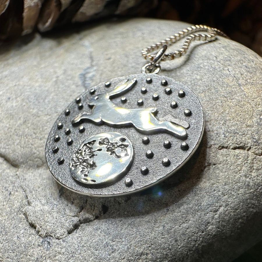 Rabbit Necklace, Nature Jewelry, Full Moon Pendant, Hare Necklace, Bunny, Animal Jewelry, New Beginnings, Inspirational Gift, Wiccan Jewelry