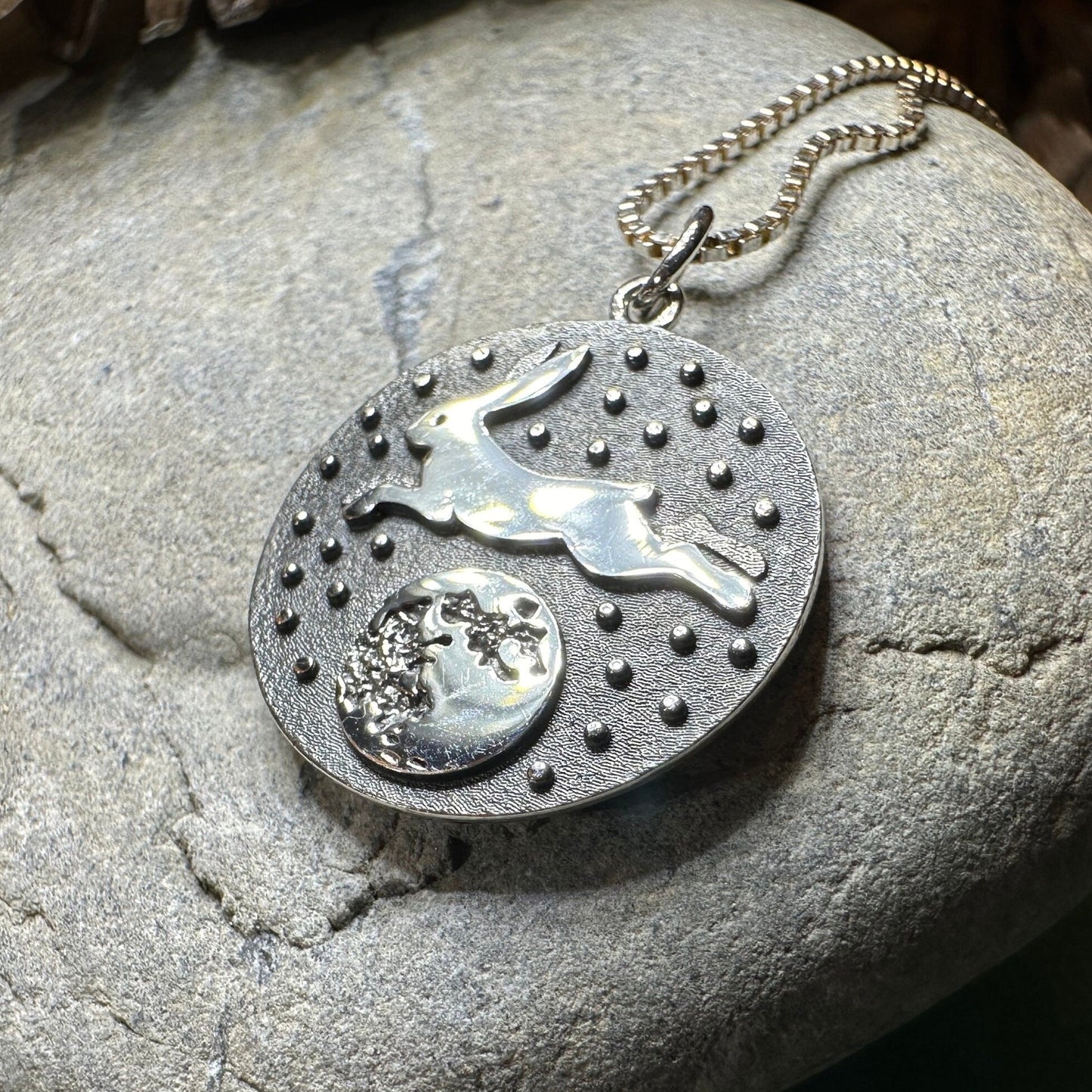 Rabbit Necklace, Nature Jewelry, Full Moon Pendant, Hare Necklace, Bunny, Animal Jewelry, New Beginnings, Inspirational Gift, Wiccan Jewelry