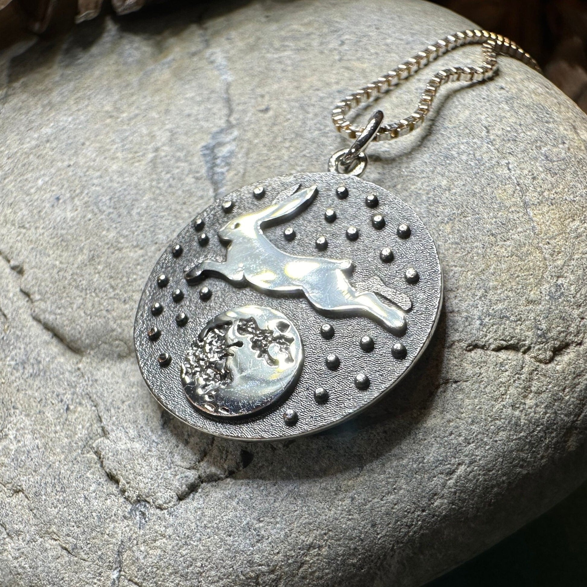 Rabbit Necklace, Nature Jewelry, Full Moon Pendant, Hare Necklace, Bunny, Animal Jewelry, New Beginnings, Inspirational Gift, Wiccan Jewelry