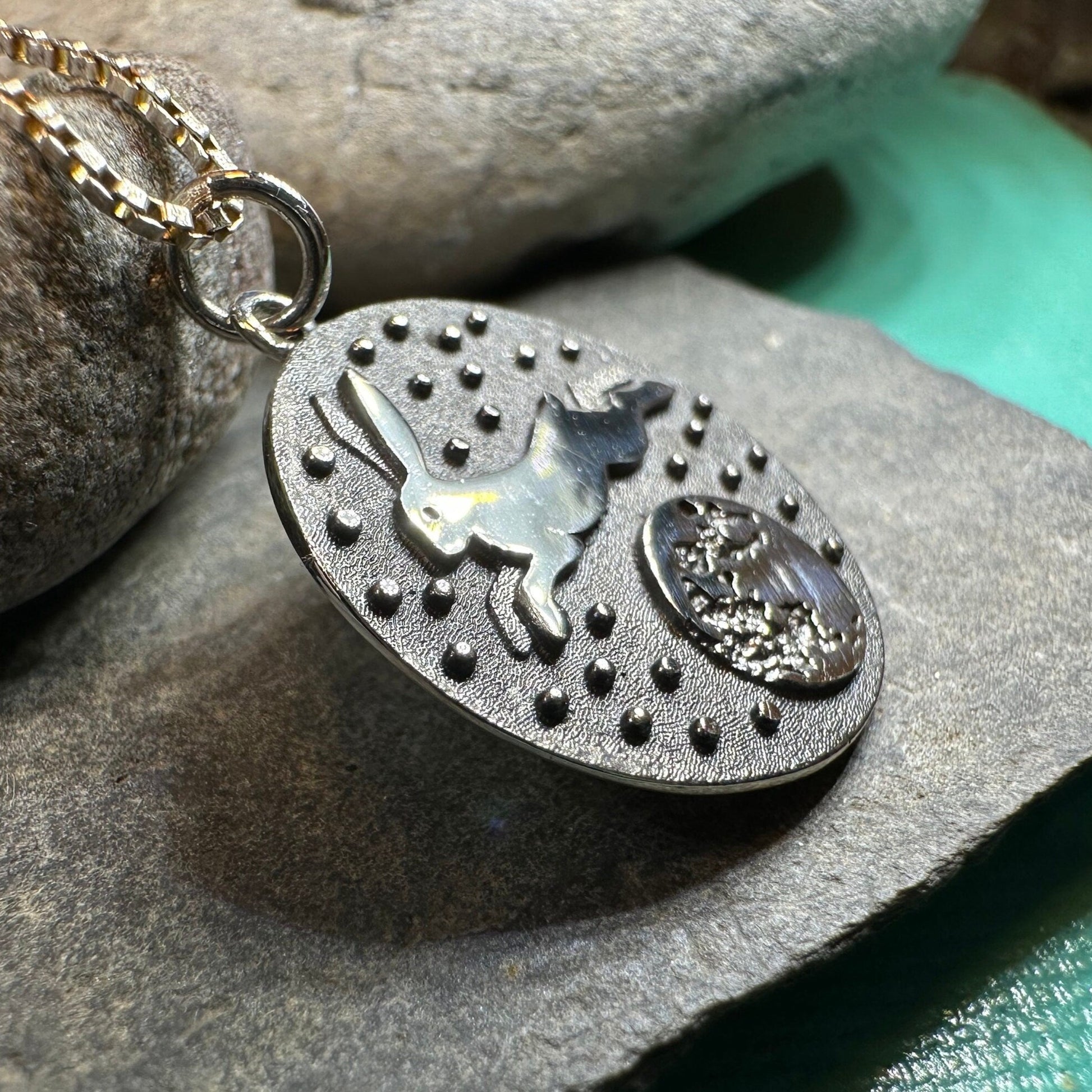 Rabbit Necklace, Nature Jewelry, Full Moon Pendant, Hare Necklace, Bunny, Animal Jewelry, New Beginnings, Inspirational Gift, Wiccan Jewelry