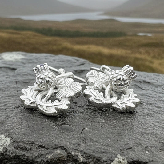 Thistle Earrings, Shamrock Jewelry, Irish Scottish Jewelry, Outlander Jewelry, Amethyst Jewelry, Ireland Mom Gift, Pagan Jewelry, Celtic