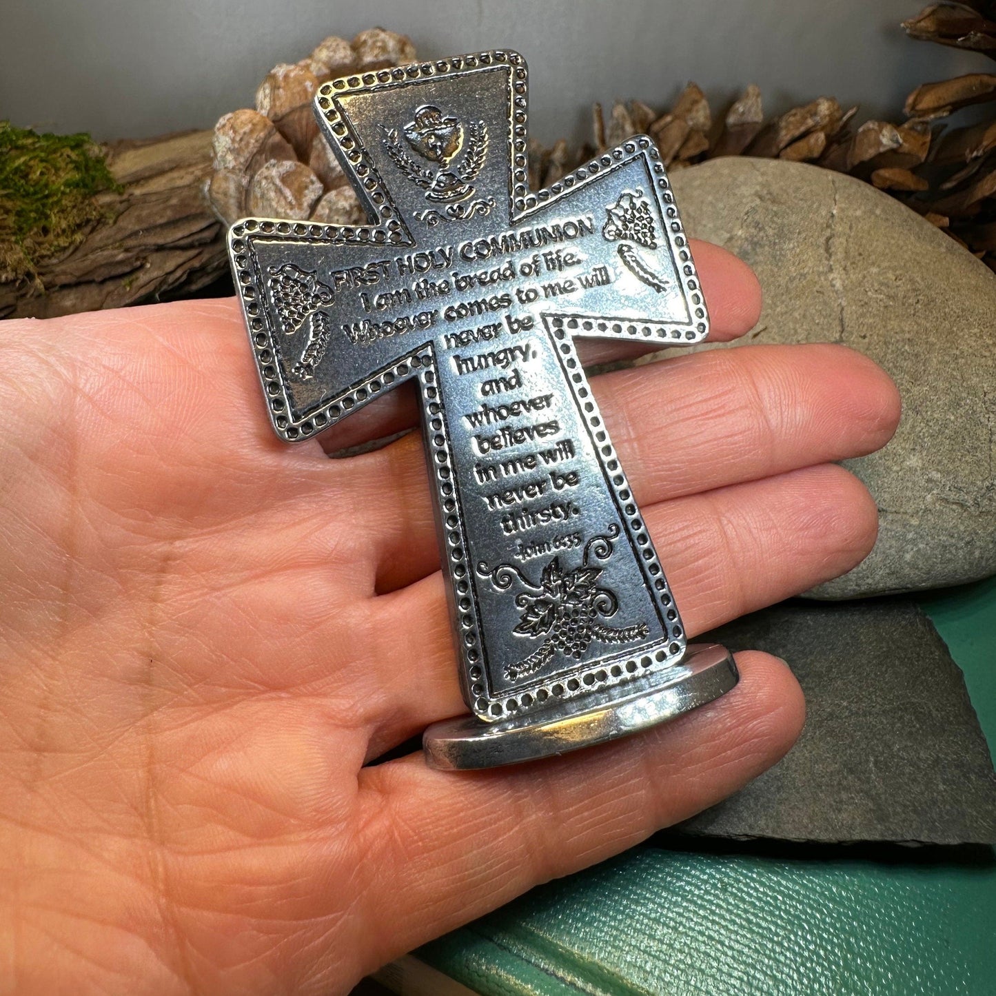 First Communion Standing Cross, Christian Gift, Pewter Celtic Cross, Communion Gift, Child's Cross Gift, Religious Prayer