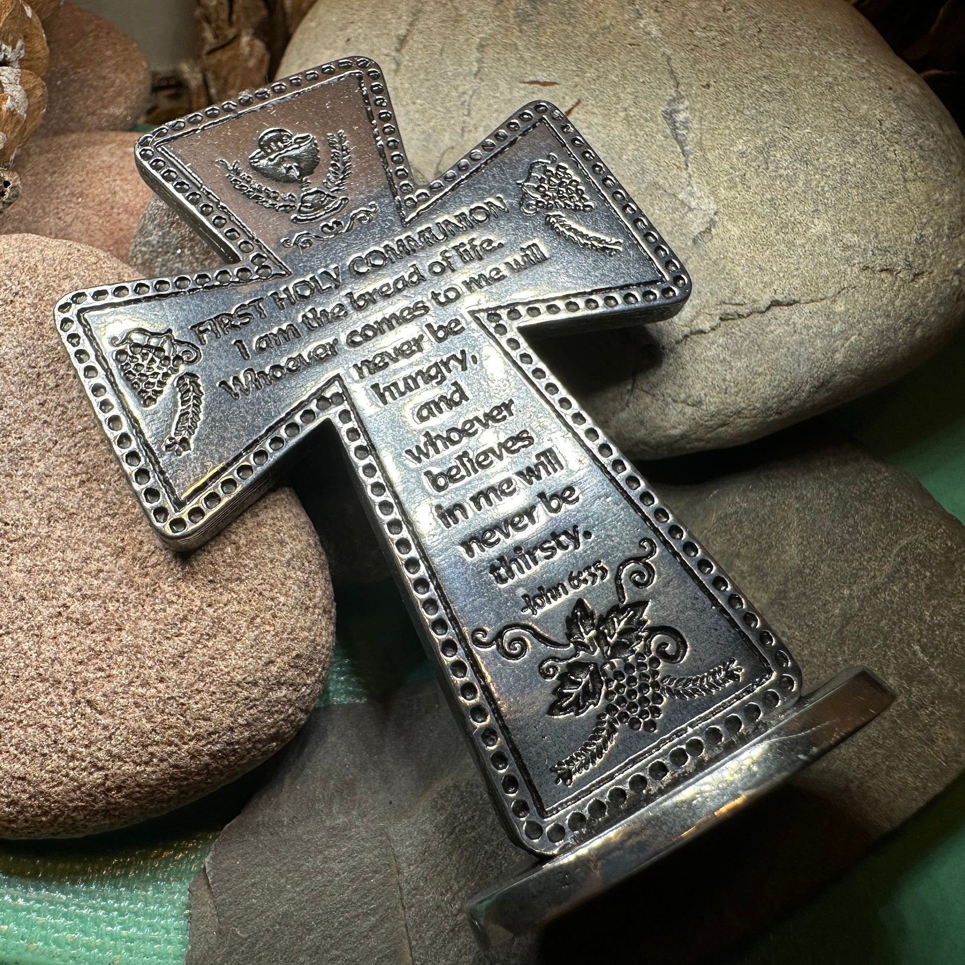 First Communion Standing Cross, Christian Gift, Pewter Celtic Cross, Communion Gift, Child's Cross Gift, Religious Prayer