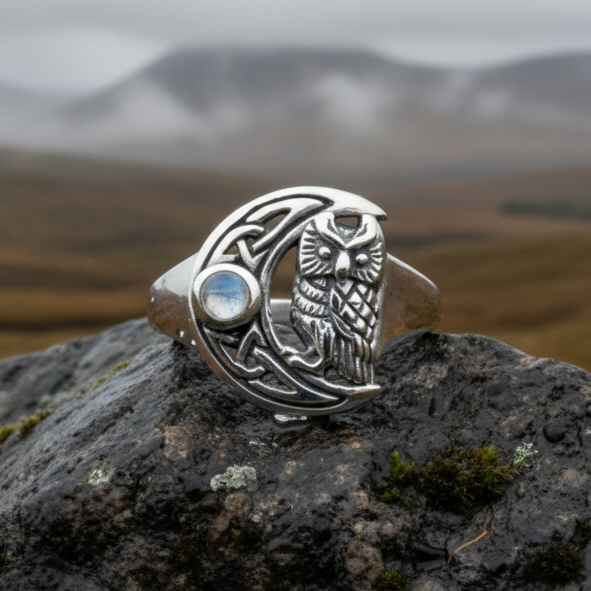 Celtic Owl Moon Ring with Moonstone