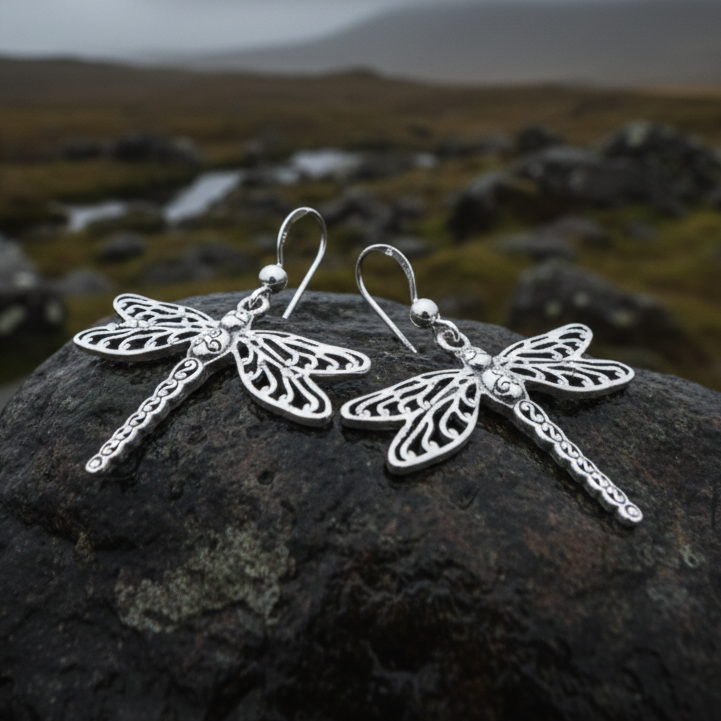Triple Spiral Dragonfly Earrings in sterling silver