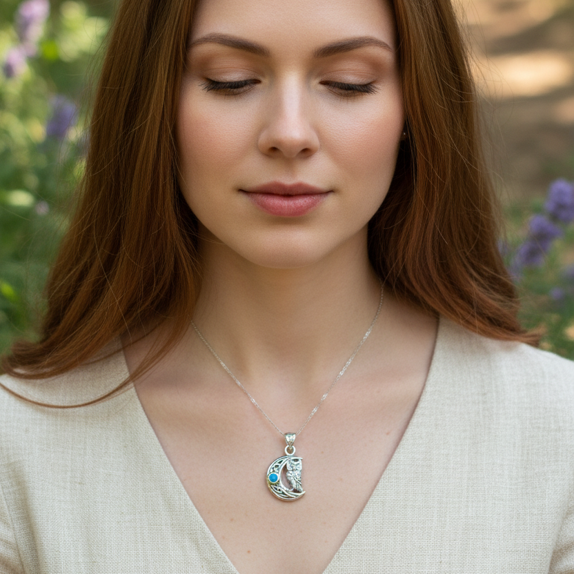 Owl Crescent Moon Necklace — view 2