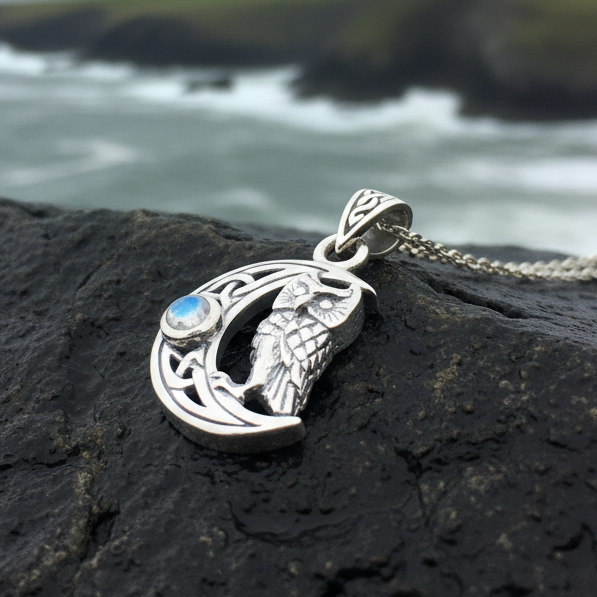 Owl Crescent Moon Necklace — view 4