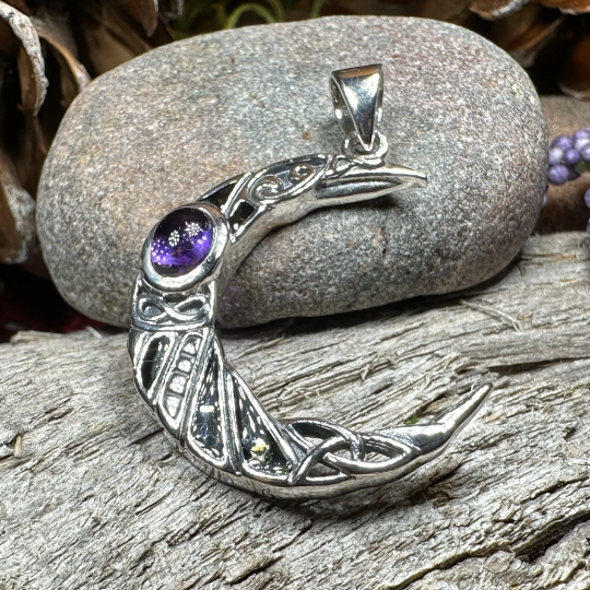 Aulay Celtic Raven Moon Necklace in Sterling Silver — view 5