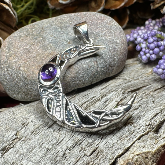 Aulay Celtic Raven Moon Necklace in Sterling Silver — view 9