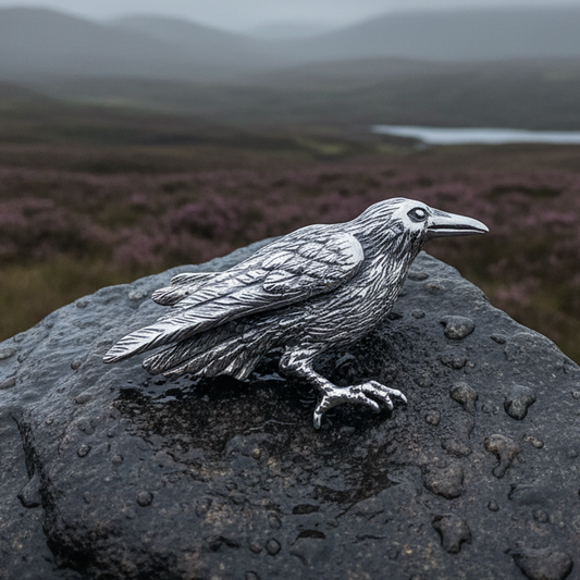 Tethra Realistic Raven Brooch in Sterling Silver
