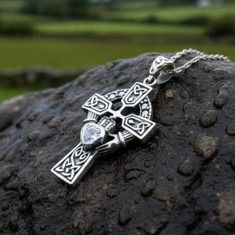 Load image into Gallery viewer, Irish Claddagh Celtic Cross Necklace in Sterling Silver
