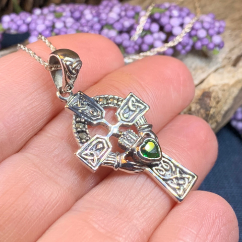 Load image into Gallery viewer, Irish Claddagh Celtic Cross Necklace in Sterling Silver
