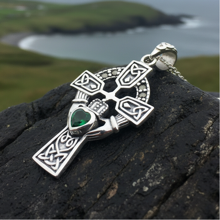 Irish Claddagh Celtic Cross Necklace in Sterling Silver