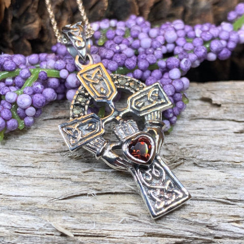 Load image into Gallery viewer, Irish Claddagh Celtic Cross Necklace in Sterling Silver

