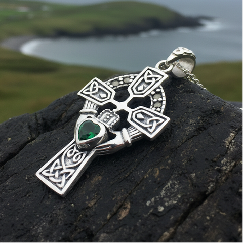 Load image into Gallery viewer, Irish Claddagh Celtic Cross Necklace in Sterling Silver
