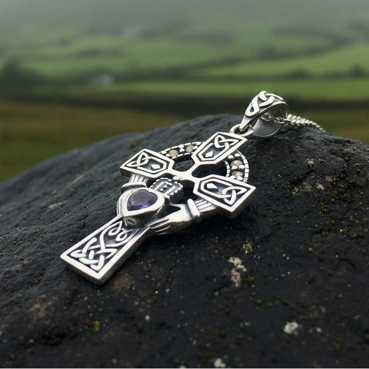 Irish Claddagh Celtic Cross Necklace in Sterling Silver