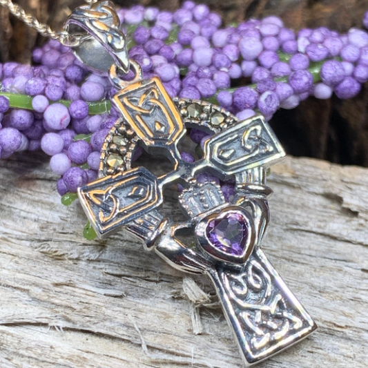 Irish Claddagh Celtic Cross Necklace in Sterling Silver — view 9