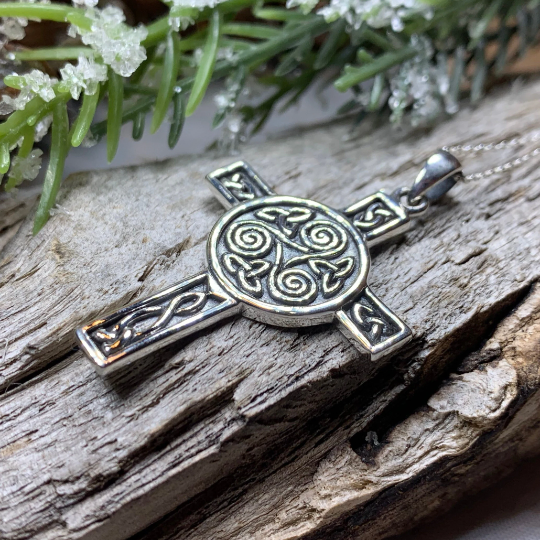 Triskel Celtic Cross Necklace in Sterling Silver — view 5