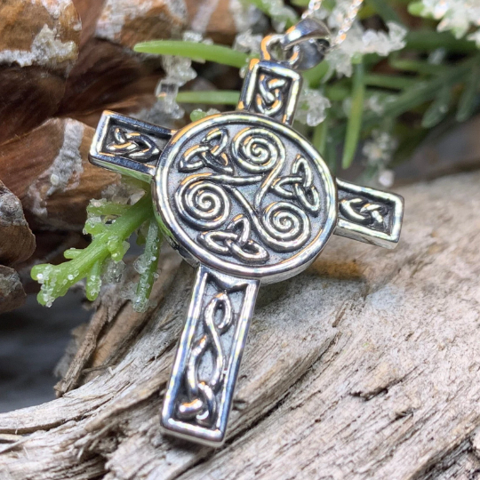 Triskel Celtic Cross Necklace in Sterling Silver