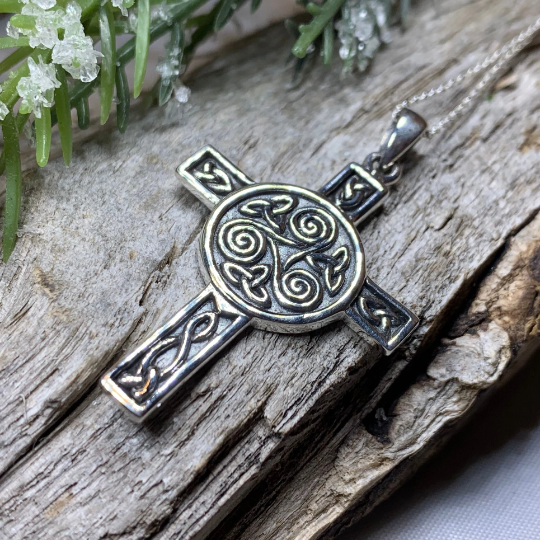 Triskel Celtic Cross Necklace in Sterling Silver — view 6