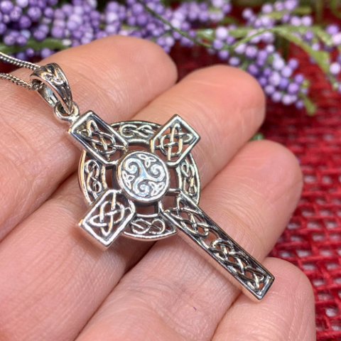 Load image into Gallery viewer, Aileran Triskele Celtic Cross Necklace in Sterling Silver
