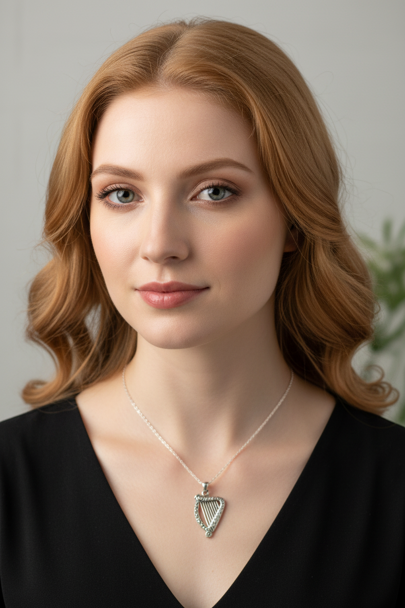 Cinnia Celtic Harp of Ireland Necklace in Sterling Silver