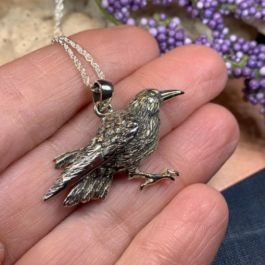 Eir Realistic Raven Necklace in Sterling Silver