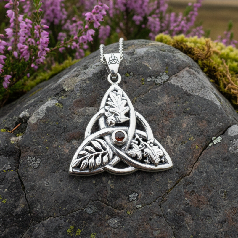 Oak Ash Thorn Trinity Knot Necklace in Sterling Silver