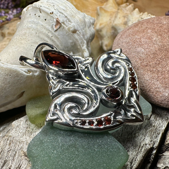 Eternal Flame Trinity Knot Garnet Necklace in Sterling Silver