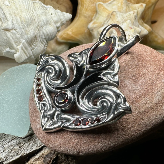 Eternal Flame Trinity Knot Garnet Necklace in Sterling Silver