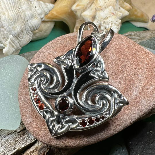 Eternal Flame Trinity Knot Garnet Necklace in Sterling Silver — view 7